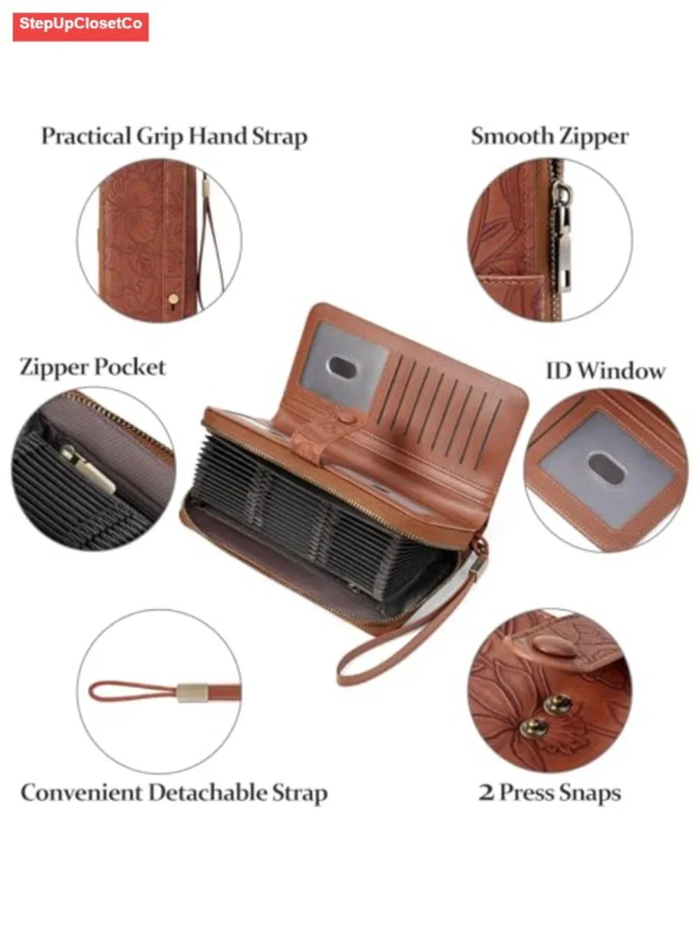 Vegan Leather RFID Blocking Zip Around Wallet with 45 Card Slots and Wristlet